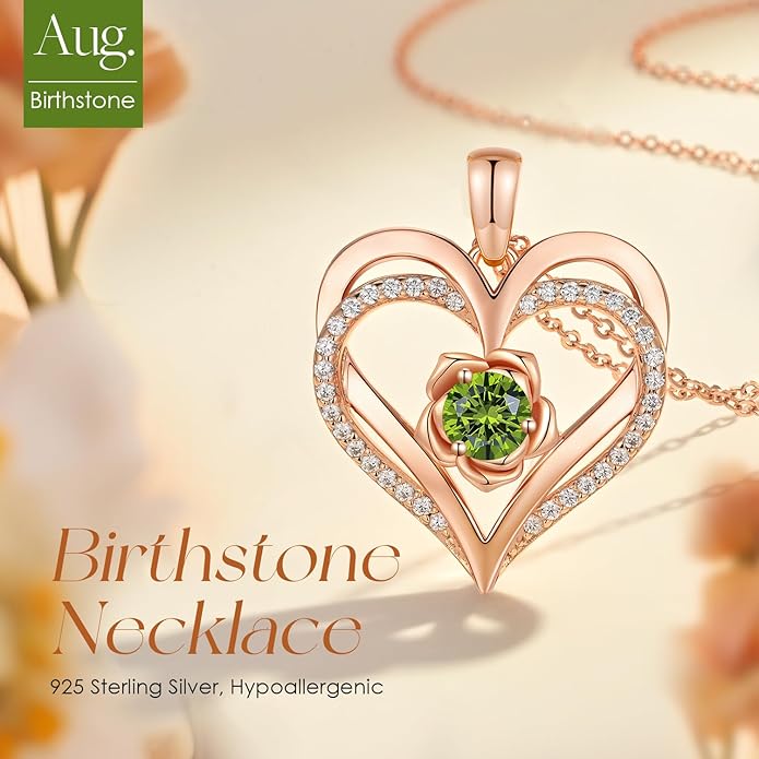 CDE S925 Silver Rose Gold Heart Birthstone Necklaces for Women，Ideal Anniversary or Birthday Jewelry Gifts for Wife Girlfriend Her
