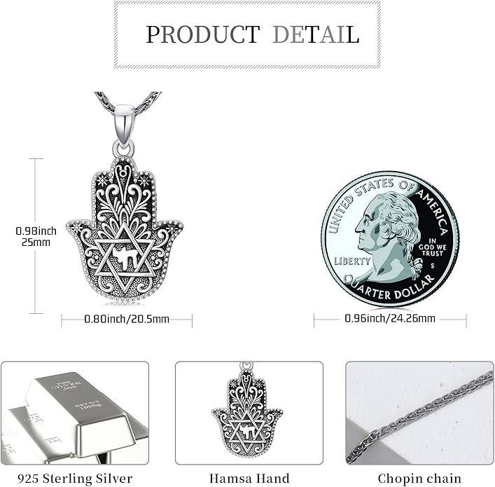 Hamsa Necklace 925 Sterling Silver Evil Eye/Lotus Flower/Star of David/Chai/Yin Yang Hamsa Hand Pendant Jewelry Hand of Fatima Gifts for Women