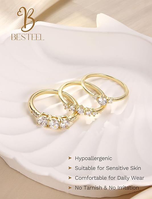 Besteel Gold Rings for Women - Non Tarnish 14K Gold Plated Stackable Rings, Dainty Cubic Zirconia Thin Thumb Ring Set, Trendy Statement Promise Wedding Bands Engagement Rings for Women Size 6-10
