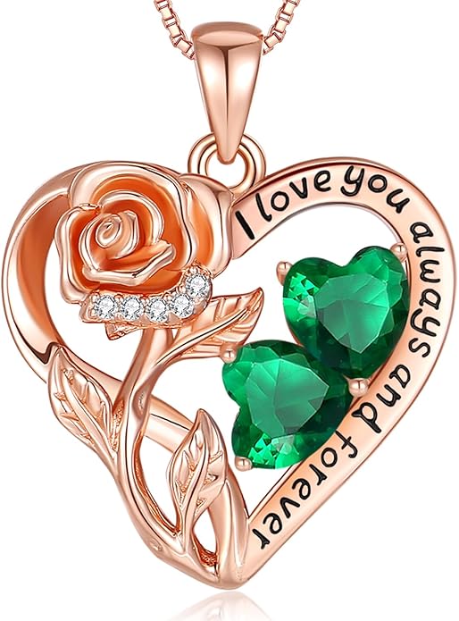 925 Sterling Silver Double Birthstone Rose Flower Heart Jewelry Necklaces for Women Anniversary Love Forever Necklaces for Her Birthday Gifts for Wife Girlfriend Mom Mothers Day Rose Gold