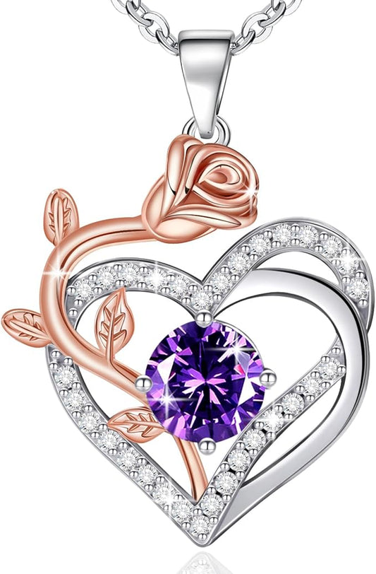 moshen Rose Heart Necklace for Women,925 Sterling Silver Birthstone Pendant - Gift for Women on Valentine's Day, Birthday, Christmas, Anniversary, Mather's Day (02-February-Amethyst Purple)