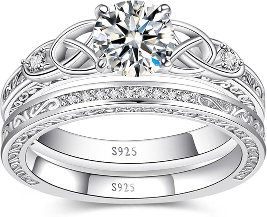 Vintage Celtic Knot Women's Engagement Ring Sets 925 Sterling Silver/14K Gold Plated Stackable Wedding Bands Rings AAAAA Cubic Zirconia Women Bridal Sets Wedding Ring Band Width 1.8mm Size 5-9