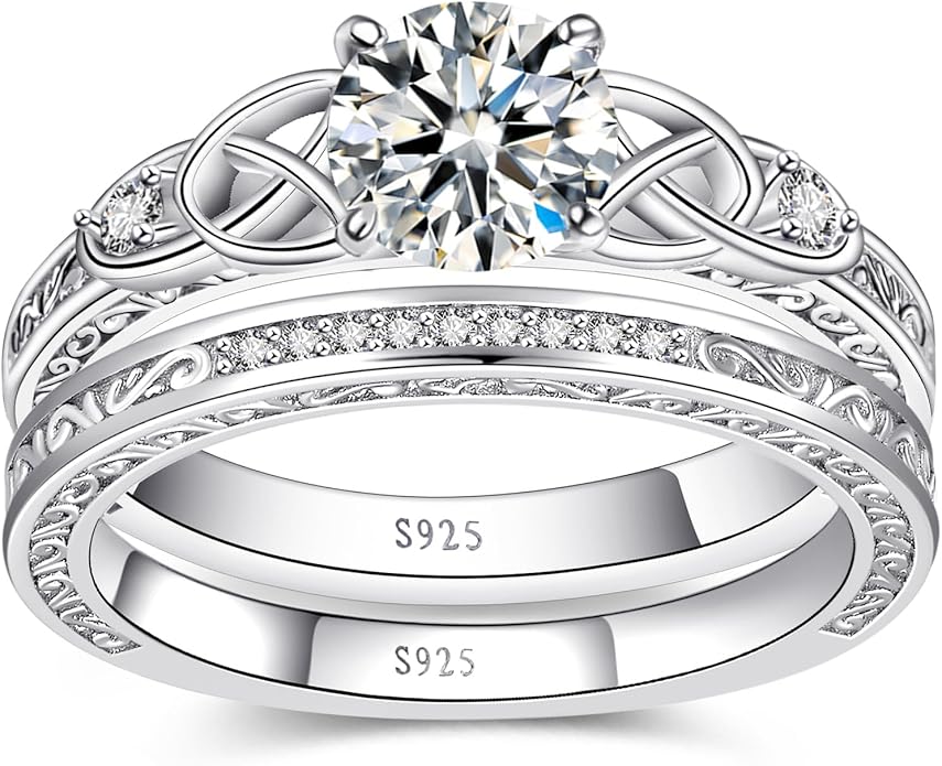 Vintage Celtic Knot Women's Engagement Ring Sets 925 Sterling Silver/14K Gold Plated Stackable Wedding Bands Rings AAAAA Cubic Zirconia Women Bridal Sets Wedding Ring Band Width 1.8mm Size 5-9