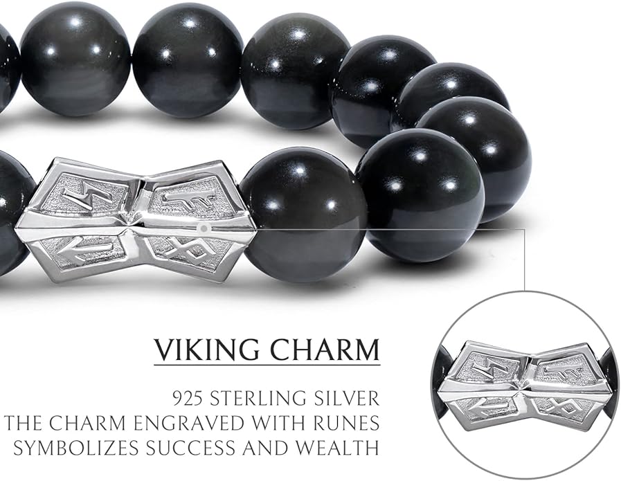 AWNL® Men's Beaded Bracelet with Sterling Silver Engraved Runes Charm 12mm Bronzite Dumortierite Obsidian Natural Gemstone Gift for Men, 6.1''-7.9''