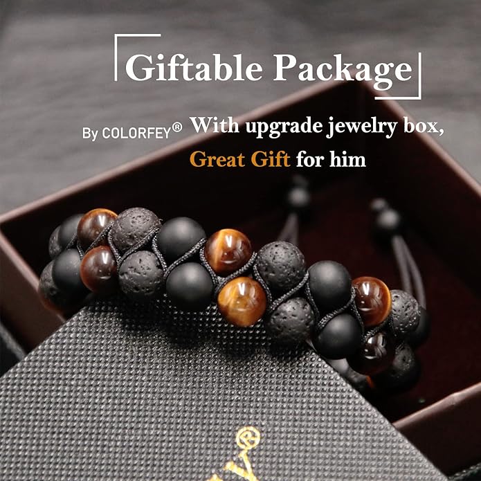 Triple Protection Bracelet for Men Women, Genuine Premium Tiger Eye Black Onyx and Lava Rock 8mm Handmade Bead Bracelet Healing Crystal Protection Bracelets Bring Luck and Prosperity and Happiness