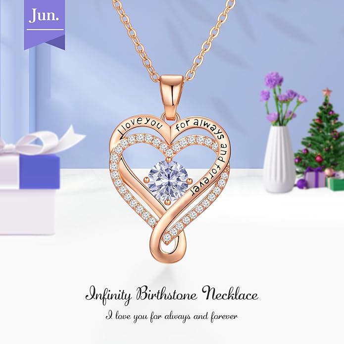 Infinity Heart Birthstone Necklace for Women Wife 18K Rose Gold Plated,Anniversary for Women Wife Her Birthday Gift for Girlfriend Mom Daughters, I Love You Women's Jewelry
