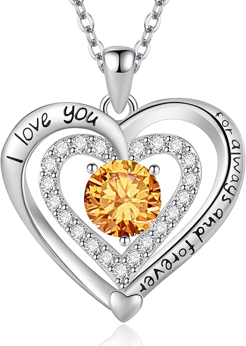 Heart Necklace, I Love You Always & Forever, Birthstone Cubic Zirconia Pendant, Gift for Women