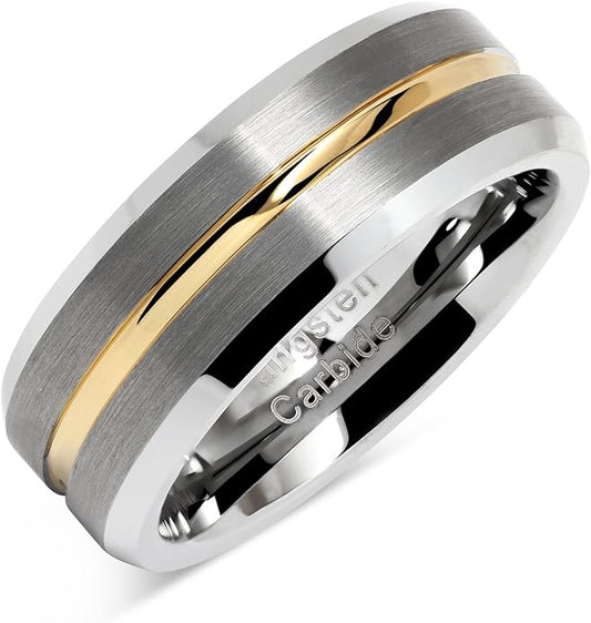 100S JEWELRY Tungsten Rings for Men Two Tone Silver Wedding Bands Gold Grooved Matte Finish Size 6-16