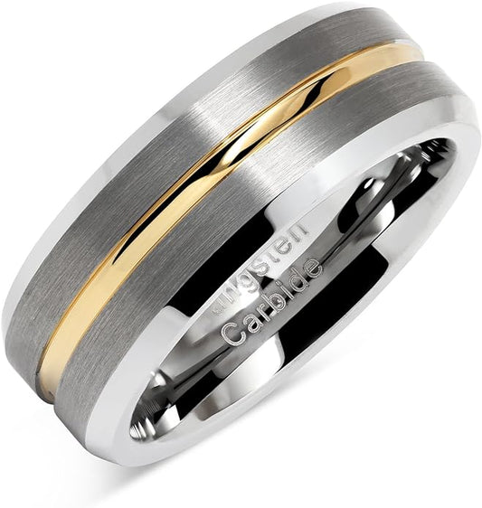 100S JEWELRY Tungsten Rings for Men Two Tone Silver Wedding Bands Gold Grooved Matte Finish Size 6-16