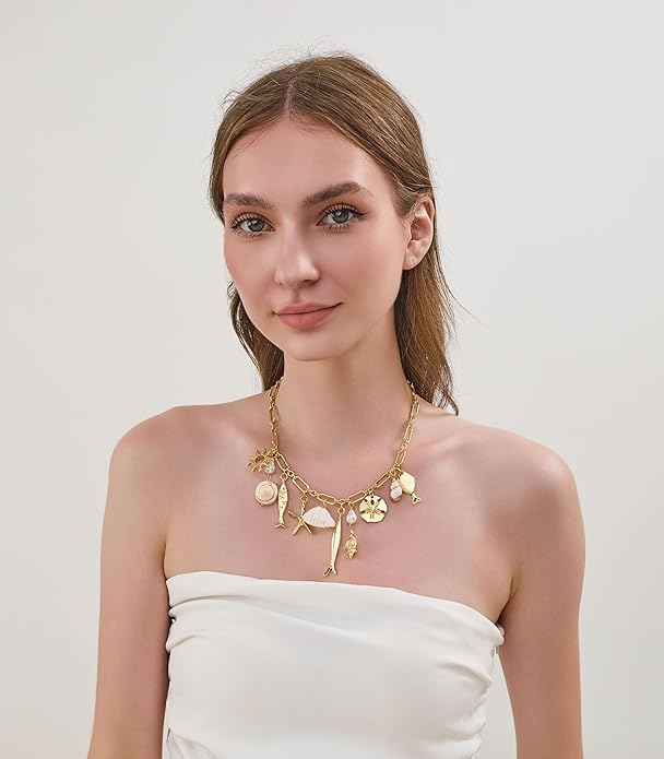 CLASSYZINT Gold Ocean Charms Necklace Shell Starfish Fish Necklace Chunky Acrylic Boho Beach Jewelry