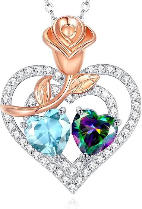 AGVANA Birthstone Necklace for Women Sterling Silver Rose Flower Heart Double Birthstone Jewelry Pendant Necklace Anniversary Birthday Gifts for Women Mom Wife Girlfriend Her