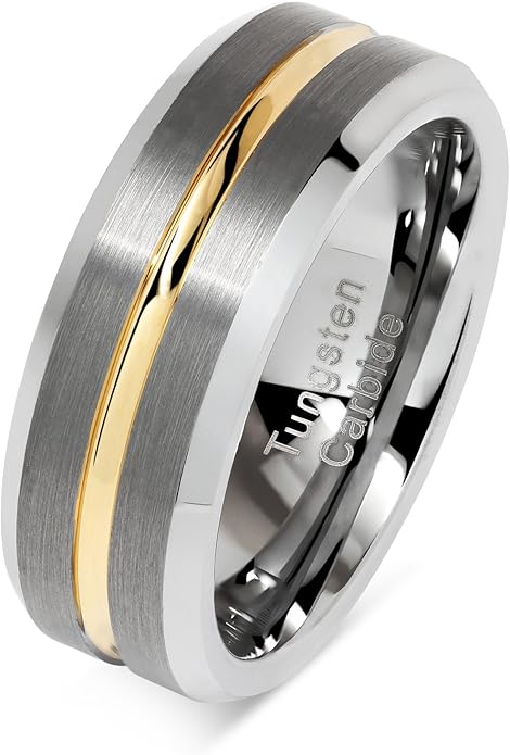 100S JEWELRY Tungsten Rings for Men Two Tone Silver Wedding Bands Gold Grooved Matte Finish Size 6-16