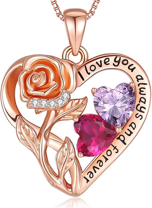 925 Sterling Silver Double Birthstone Rose Flower Heart Jewelry Necklaces for Women Anniversary Love Forever Necklaces for Her Birthday Gifts for Wife Girlfriend Mom Mothers Day Rose Gold