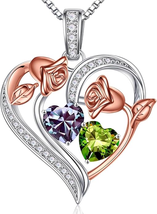 Iefil Birthstone Necklace for Women - 925 Sterling Silver Rose Heart Necklace, Birthstone Jewelry, Anniversary Birthday Gifts for Wife Girlfriend Mom Daughter