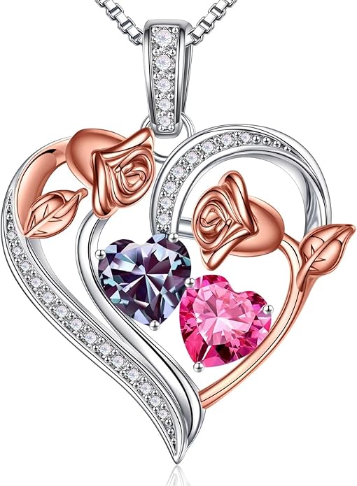 Iefil Birthstone Necklace for Women - 925 Sterling Silver Rose Heart Necklace, Birthstone Jewelry, Anniversary Birthday Gifts for Wife Girlfriend Mom Daughter