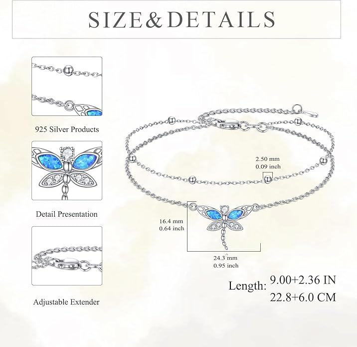 TIGER RIDER Dragonfly Anklet Sterling Silver Dragonfly Gifts Jewelry for Women with Crystal Birthday Anniversary