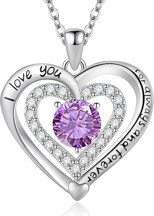 Heart Necklace, I Love You Always & Forever, Birthstone Cubic Zirconia Pendant, Gift for Women