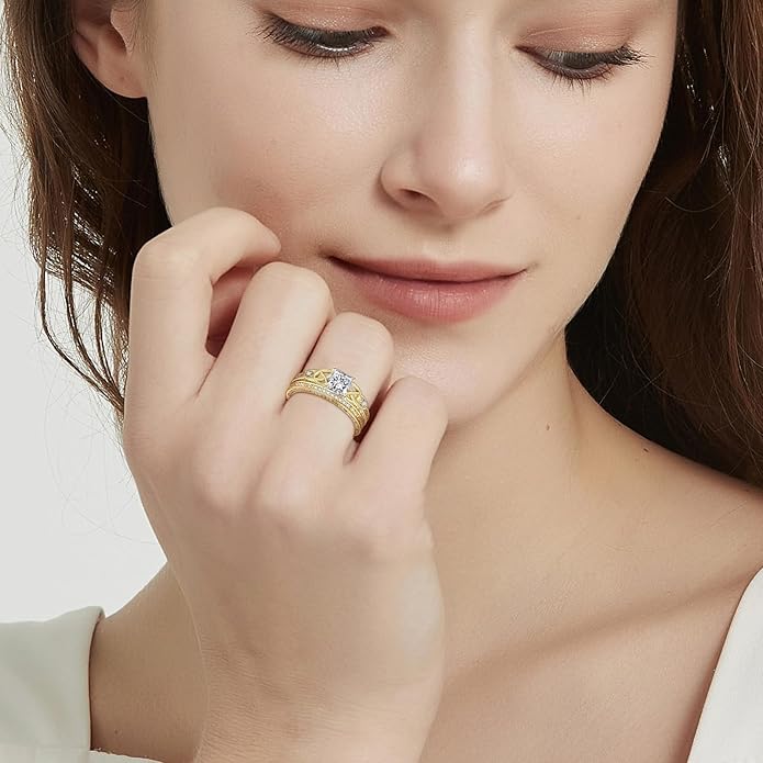 Vintage Celtic Knot Women's Engagement Ring Sets 925 Sterling Silver/14K Gold Plated Stackable Wedding Bands Rings AAAAA Cubic Zirconia Women Bridal Sets Wedding Ring Band Width 1.8mm Size 5-9