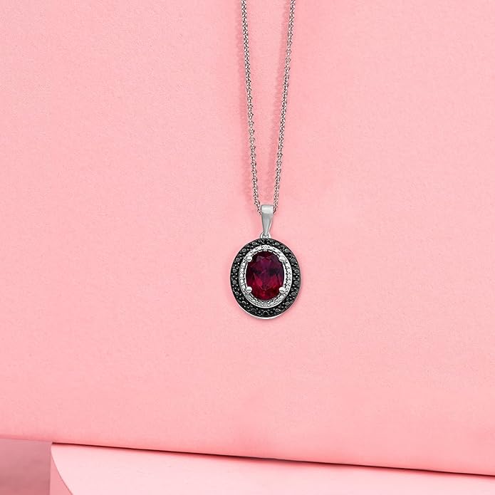 Jewelili Sterling Silver Oval Halo Pendant Necklace for Women | Created Opal, Created Ruby & Created Blue Sapphire with Treated Black & White Round Diamonds | 18" Rolo Chain | Jewelry Gift with Box