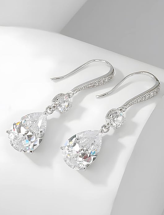 Drop Dangle Earrings for Women, Pear Cut Cubic Zirconia Long Teardrop Wedding Bridal Earrings, Silver Rose Gold Plated Copper Brass Micro Inlay CZ Gorgeous Plain Simple Fine Jewelry Gifts Box