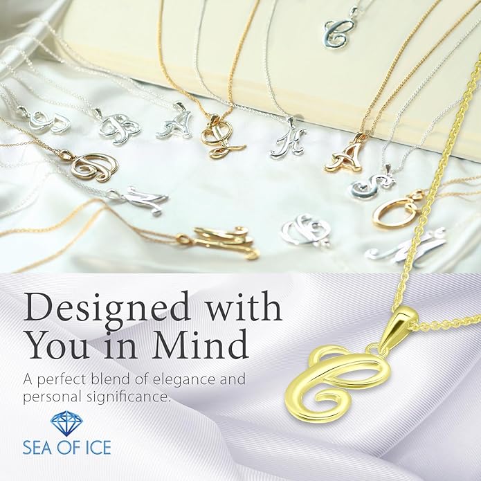 SEA OF ICE Letter Initial Necklace, Alphabet Letter Pendant Necklace, Sterling Silver, Gold, Rose Gold Necklace for Women, Elegant Initial Necklaces, Personalized Custom Women's Necklaces