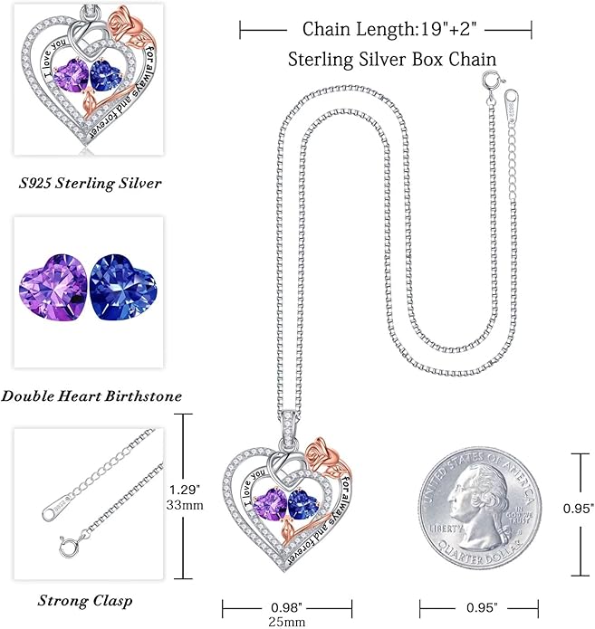 Iefil Rose Heart Necklace Gifts for Wife Women - 925 Sterling Silver Double Birthstone Necklace, Anniversary Birthday Gifts for Women, Jewelry Gift for Wife Girlfriend Mom Her