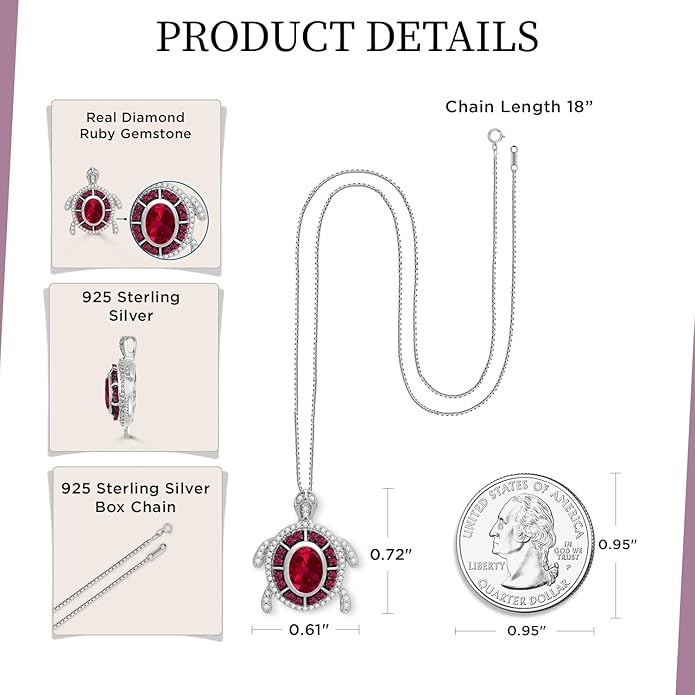 Jewelili Sterling Silver Turtle Birthstone Pendant Necklace | 7X5 MM Oval & 1.25 MM Round Cut Birthstone with Round Created White Sapphire Gemstones | 18" Box Chain | Luxury Jewelry Gift for Her | Gift Box Included