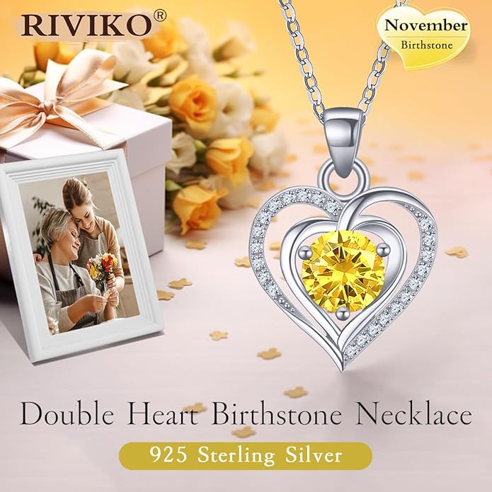 RIVIKO Heart Birthstone Pendant Necklace for Women 925 Sterling Silver Zirconia Necklaces Wedding Anniversary Birthday Mothers Day Jewelry Gifts For Her Mother Wife