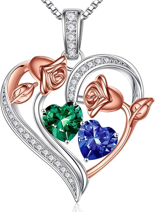 Iefil Birthstone Necklace for Women - 925 Sterling Silver Rose Heart Necklace, Birthstone Jewelry, Anniversary Birthday Gifts for Wife Girlfriend Mom Daughter