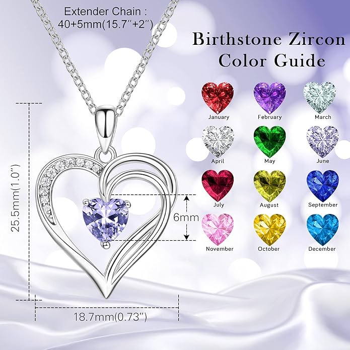 925 Sterling Silver Heart Necklace for Women Birthstone Necklace Silver Jewelry for Womens Jewelry Gifts for Women Her Mom