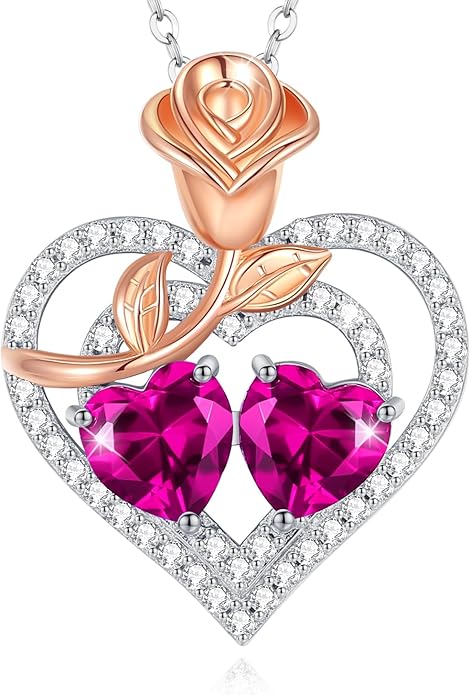 AGVANA Birthstone Necklace for Women Sterling Silver Rose Flower Heart Double Birthstone Jewelry Pendant Necklace Anniversary Birthday Gifts for Women Mom Wife Girlfriend Her