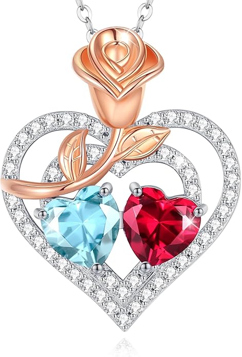 AGVANA Birthstone Necklace for Women Sterling Silver Rose Flower Heart Double Birthstone Jewelry Pendant Necklace Anniversary Birthday Gifts for Women Mom Wife Girlfriend Her
