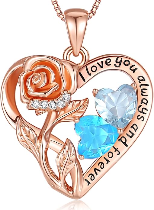 925 Sterling Silver Double Birthstone Rose Flower Heart Jewelry Necklaces for Women Anniversary Love Forever Necklaces for Her Birthday Gifts for Wife Girlfriend Mom Mothers Day Rose Gold