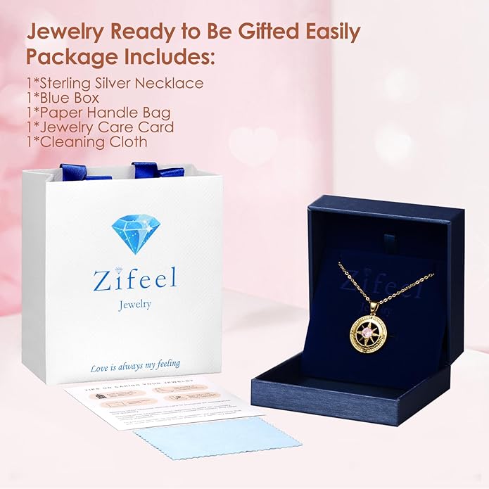 Compass Necklace Gifts for Women wife - S925 Sterling Silver Birthstone Necklaces for Women - Anniversary Birthday Gifts for Her Wife Girlfriend - Valentines Mom Mothers Day Christmas Gifts Jewelry for Women