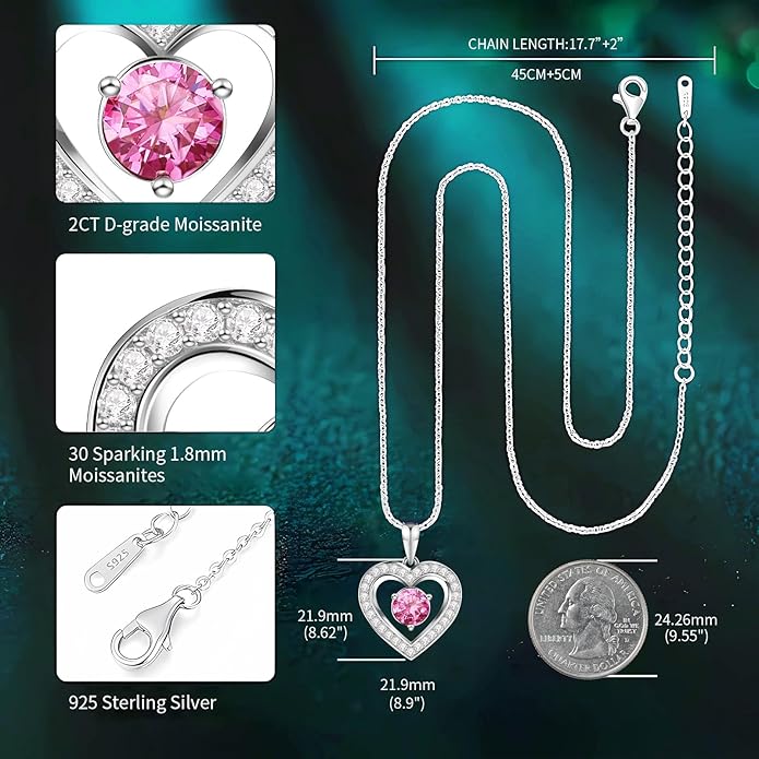 Full Moissanite Heart Necklace - No CZ! 2ct Vibrant Birthstone & 30 White Gems | 12 Month Gifts for Wife, Mom, Her | Anniversary, Valentine's Day, Mother's Day Jewelry