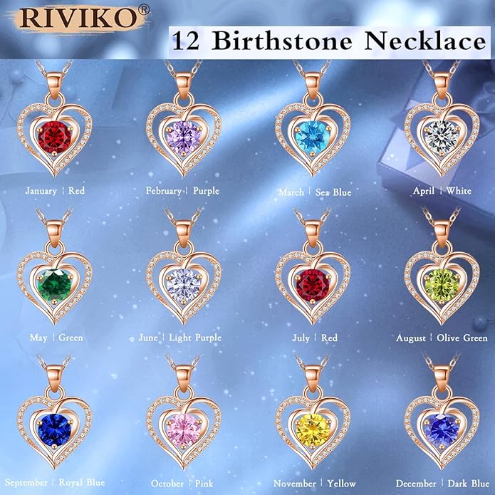 RIVIKO Heart Birthstone Pendant Necklace for Women 925 Sterling Silver Zirconia Necklaces Wedding Anniversary Birthday Mothers Day Jewelry Gifts For Her Mother Wife