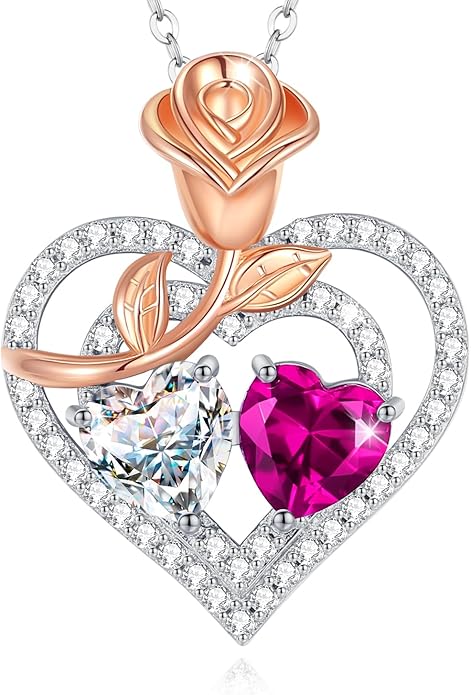 AGVANA Birthstone Necklace for Women Sterling Silver Rose Flower Heart Double Birthstone Jewelry Pendant Necklace Anniversary Birthday Gifts for Women Mom Wife Girlfriend Her