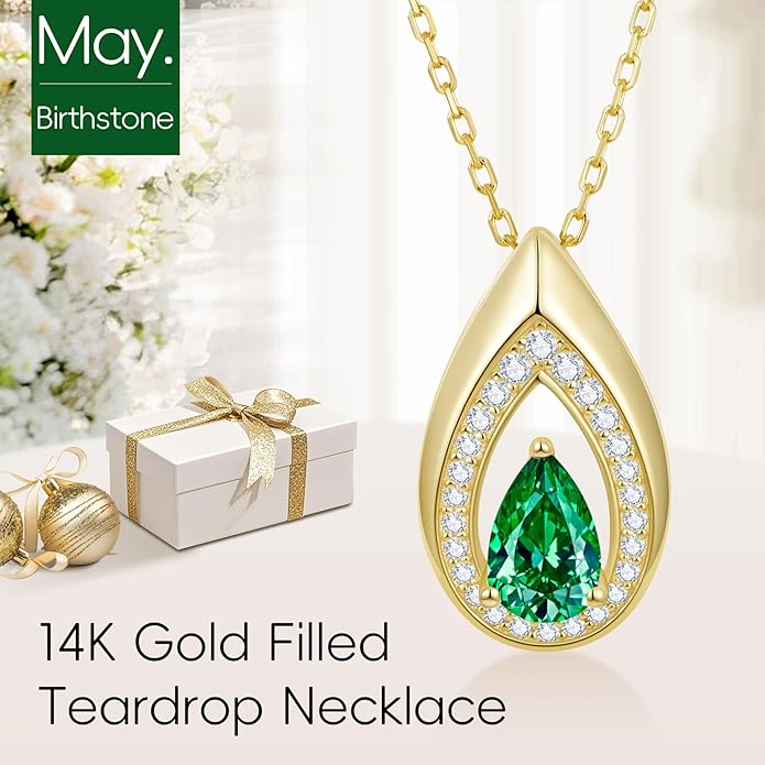 Kstyle 14K Gold Lab-Grown Moissanite/Emerald/Birthstone Pendant Necklaces for Women, Wife Girlfriend Daughter Mom Grandma Gifts, Dainty Birthday Jewelry for Her (925 Sterling Silver Base) Non Tarnish