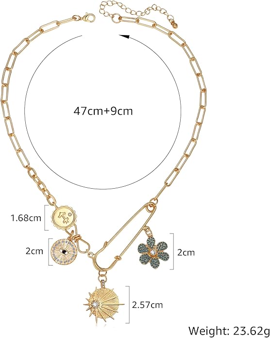 Charm Necklace for Women Gold Evil Eye Sun Moon Flower Coin Pendant Necklace Dainty Paperclip Chain Vintage Luck Amulet Choker Necklaces Celestial Jewelry Gift