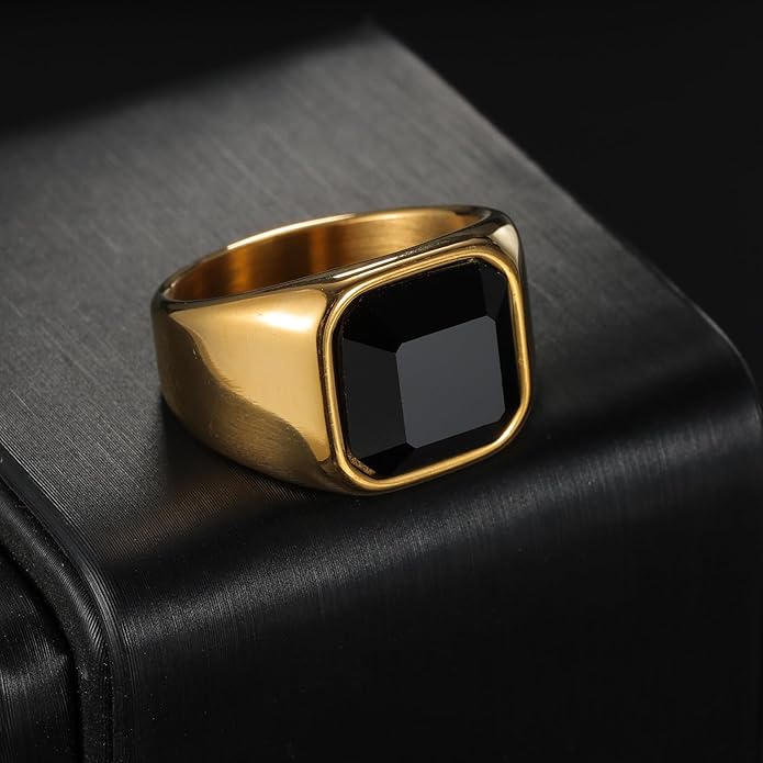 Mens Signet Rings Stainless Steel Pinky Ring for Men Women Silver/Black/Gold Square Cool Finger Ring, Gift for Dad Husband