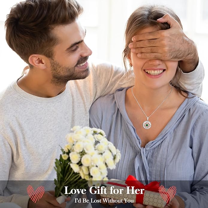 Peeshow Gifts for Women Wife-Compass Birthstone Necklace Gift for Wife Birthday Wedding Anniversary Women Jewelry for Her Girlfriend S925 Sterling Silver