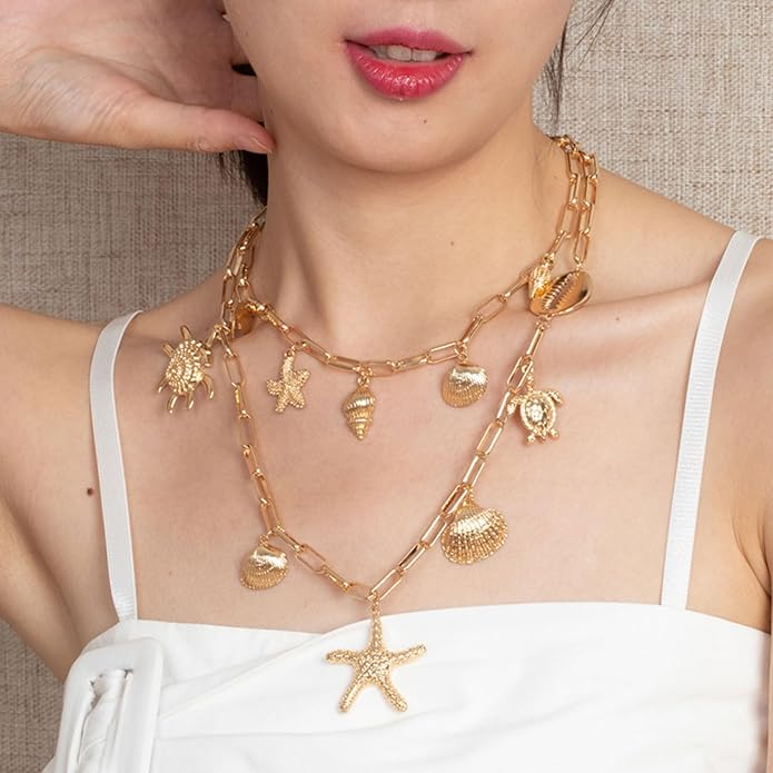 Choistily Charm Necklace Dainty Gold Western Outfit Beach Jewelry for Women Trendy Cowgirl Accessories for Women Gold Bow Sea Shell Pendant Necklace Preppy Stuff Summer Jewelry 2025