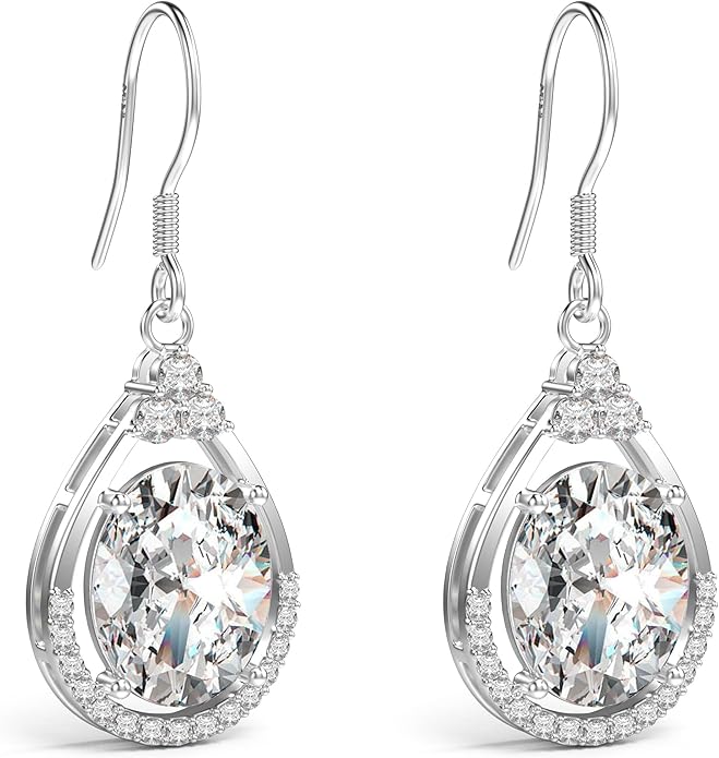 18K White Gold Plated Sterling Silver Oval Cut Cubic Zirconia Drop Dangle Earrings for Women Hypoallergenic Statement Earrings Gifts for Women Mom