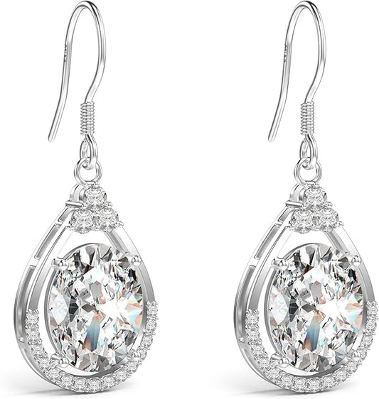 18K White Gold Plated Sterling Silver Oval Cut Cubic Zirconia Drop Dangle Earrings for Women Hypoallergenic Statement Earrings Gifts for Women Mom
