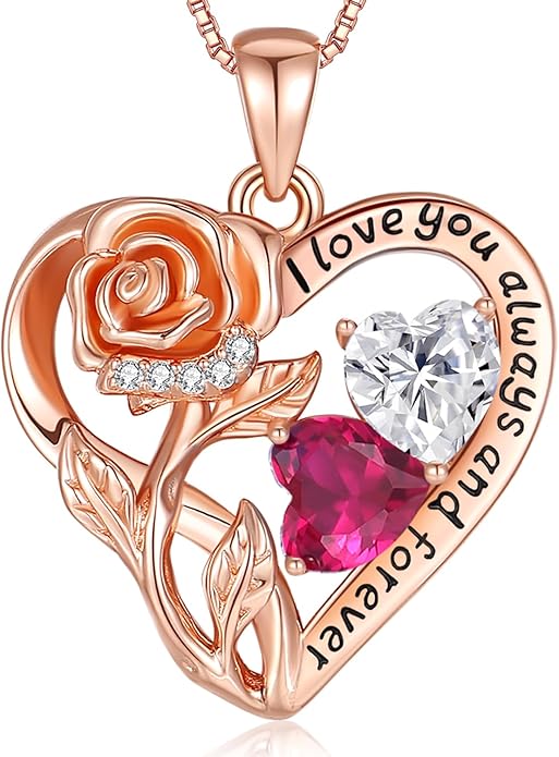925 Sterling Silver Double Birthstone Rose Flower Heart Jewelry Necklaces for Women Anniversary Love Forever Necklaces for Her Birthday Gifts for Wife Girlfriend Mom Mothers Day Rose Gold