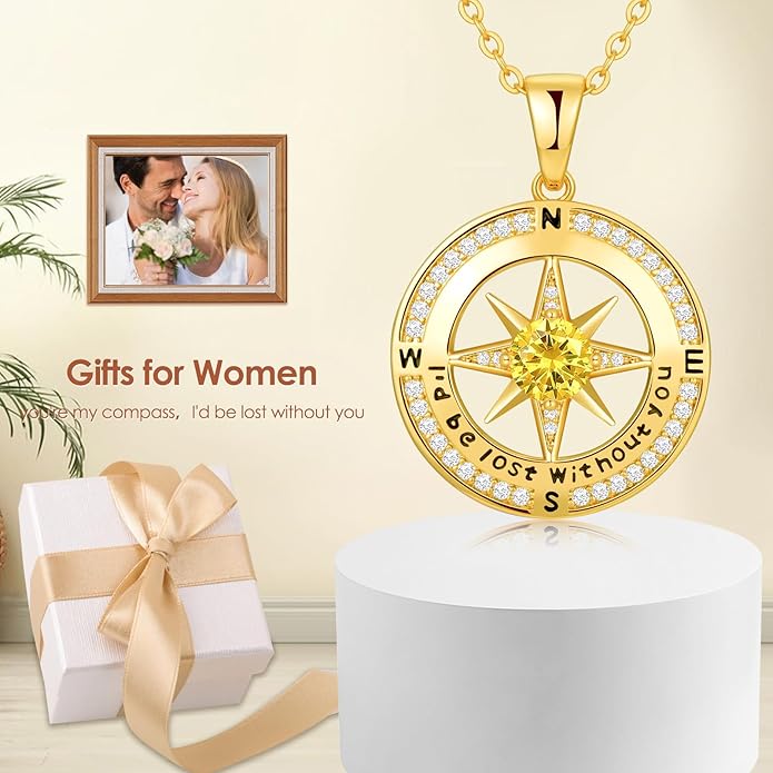Compass Necklace Gifts for Women wife - S925 Sterling Silver Birthstone Necklaces for Women - Anniversary Birthday Gifts for Her Wife Girlfriend - Valentines Mom Mothers Day Christmas Gifts Jewelry for Women