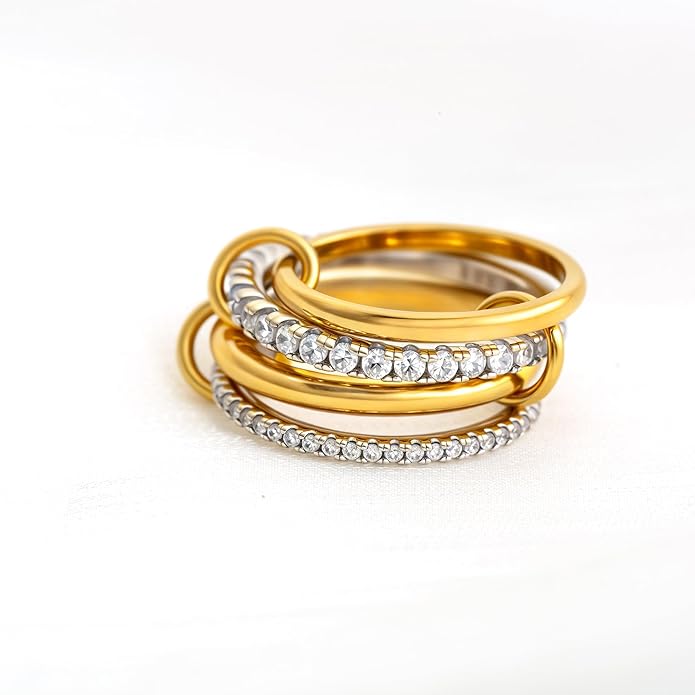 Gold Stackable Rings for Women Non Tarnish, 18k Gold Plated Cubic Zirconia Rings, Silver Gold Multi Ring Mixed Metals Stack Rings Set
