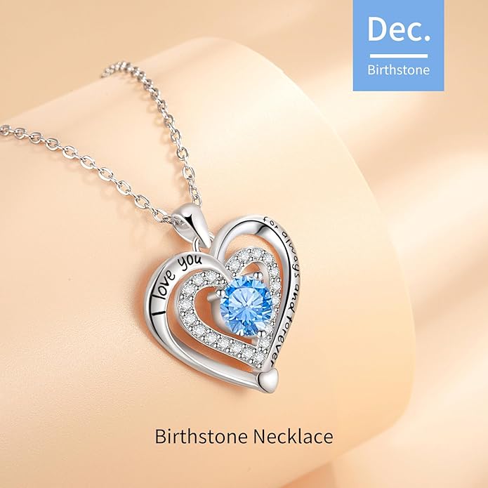 Heart Necklace, I Love You Always & Forever, Birthstone Cubic Zirconia Pendant, Gift for Women