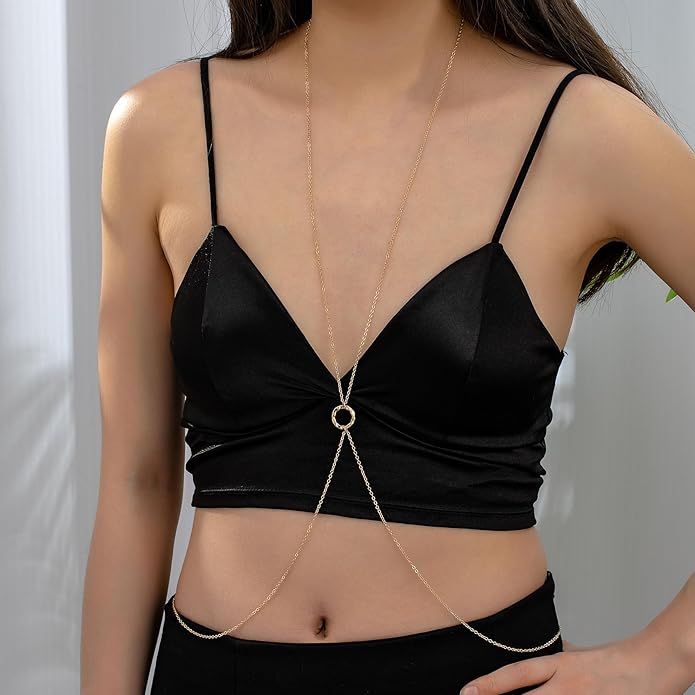 14K Gold Body Chains for Women, Sexy Layered Belly Waist Chain Bikini Bra Chain, Summer Beach Rhinestone Body Jewelry