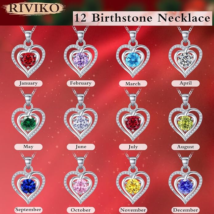 RIVIKO Heart Birthstone Pendant Necklace for Women 925 Sterling Silver Zirconia Necklaces Wedding Anniversary Birthday Mothers Day Jewelry Gifts For Her Mother Wife